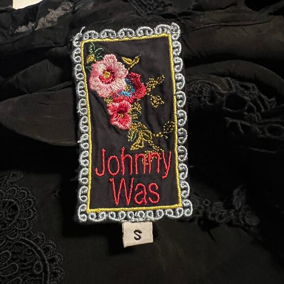 JohnnyWas Women's Sheer Blouse Black Lace Ruffle Neckline Button Down Size Small - Picture 3 of 16